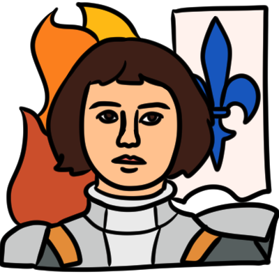 a bust portait of Joan of Arc, a young person wearng armour with pale skin and brown hair in a fringed bob. Behind Joan on one side is flames, and on the other a white banner with a blue fleur-de-lis.